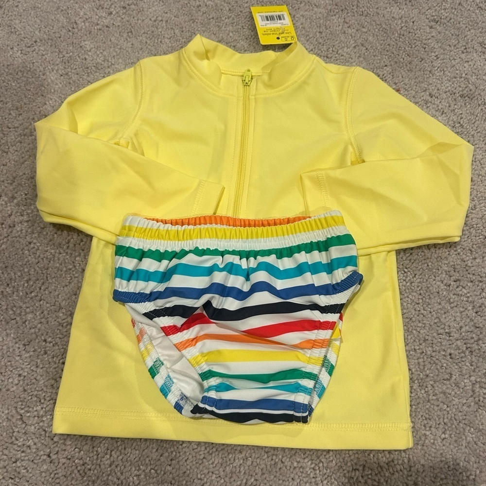 Primary Yellow Rashguard with Striped Bottoms - Picture 1 of 2